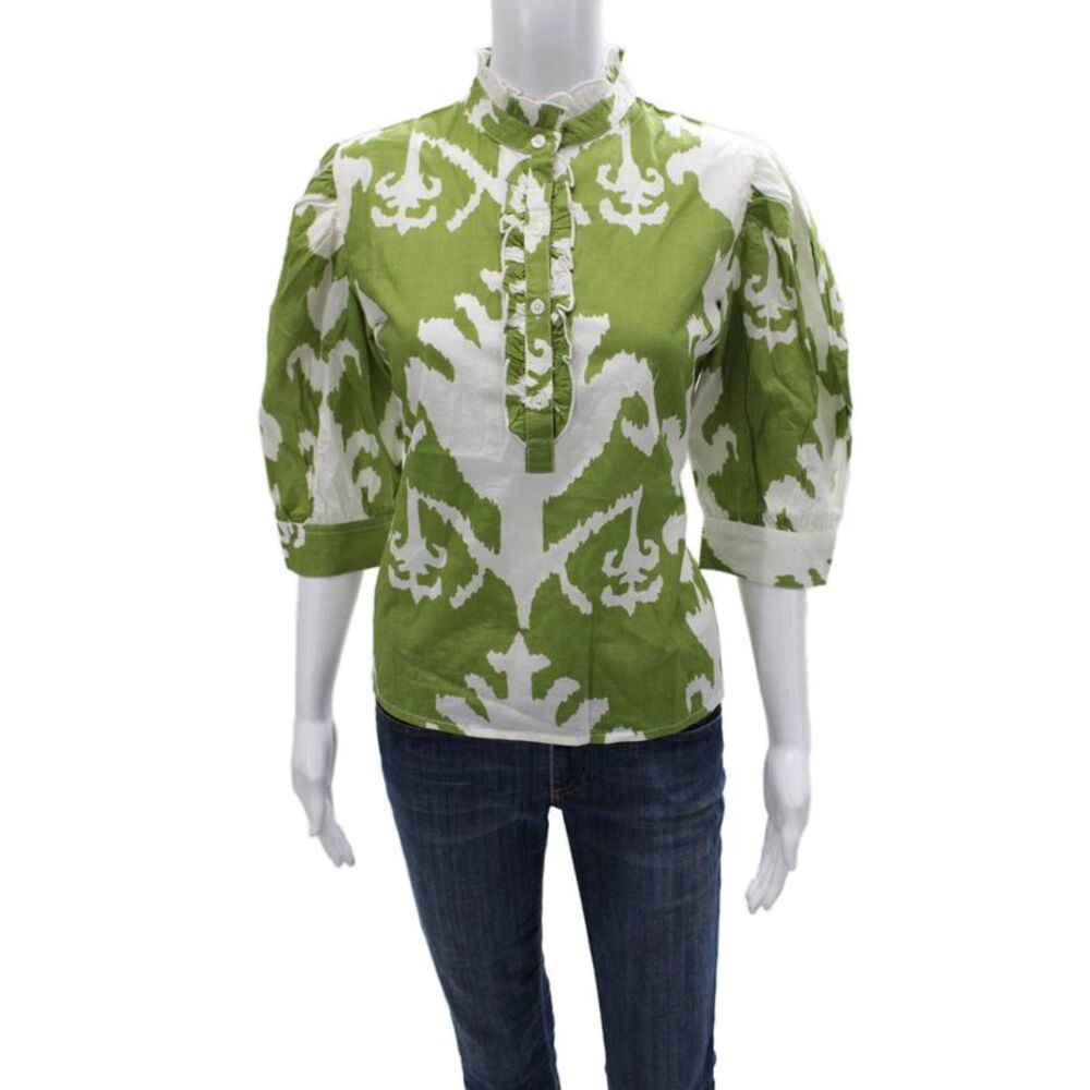 Madison Mathews Women Collared Cotton Geometric Blouse 3/4 Sleeve Green Size S